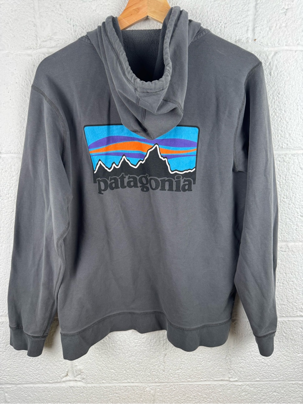 Patagonia Hooded Monk Sweatshirt Men’s S Gray Fitz Roy Logo Hoodie